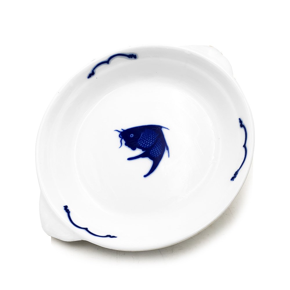 Crockery Dish with Handle Blue Carp 9"